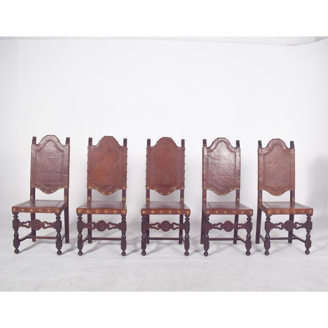 Antique Dining Chairs with Leather Seats and Backs, 1890s, Set of 5 For Sale - Image 6 of 15