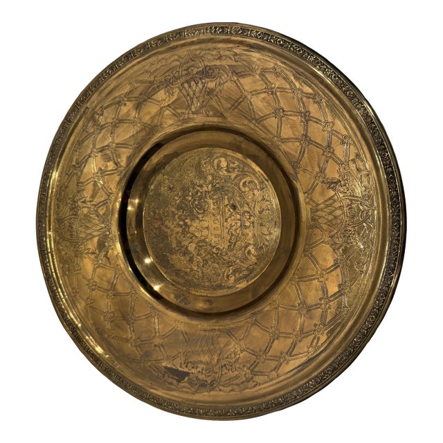 Vintage Chinese Etched Brass Platter For Sale