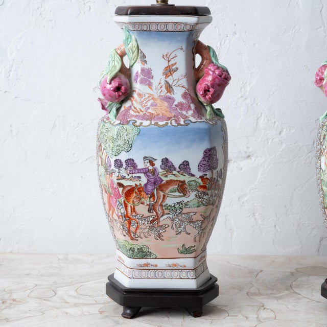 Mid 20th Century A Pair of Chinese Export Hunt Scene Porcelain Lamps For Sale - Image 5 of 13
