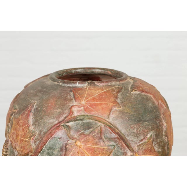 Vintage Thai Garden Vase with Vine Leaves Motifs, Orange and Green Tones For Sale - Image 9 of 13
