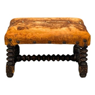 Baroque, Small Footstool, Leather, Turned Walnut, 19th C. For Sale