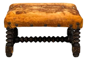 Baroque, Small Footstool, Leather, Turned Walnut, 19th C.