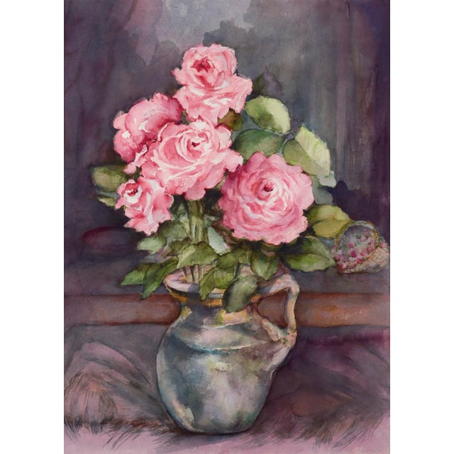 Vibrant and charming watercolor still-life of a bouquet of pink roses by Nancy Martin (English-American, 1906-2000)....