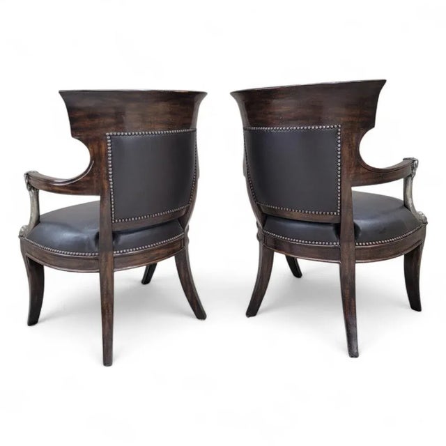Vintage George IV English Regency Style Black Leather Chairs With Metal Lion Head Arms - Pair For Sale - Image 9 of 11