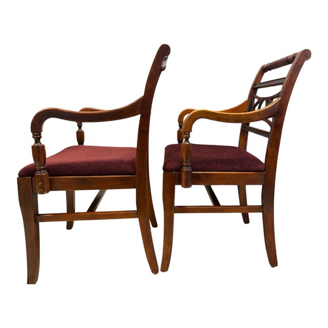 Burgundy Pair of Mid-Century American Colonial Revival Hardwood Captain’s Dining Armchairs, Circa 1940–1960 For Sale - Image 8 of 10