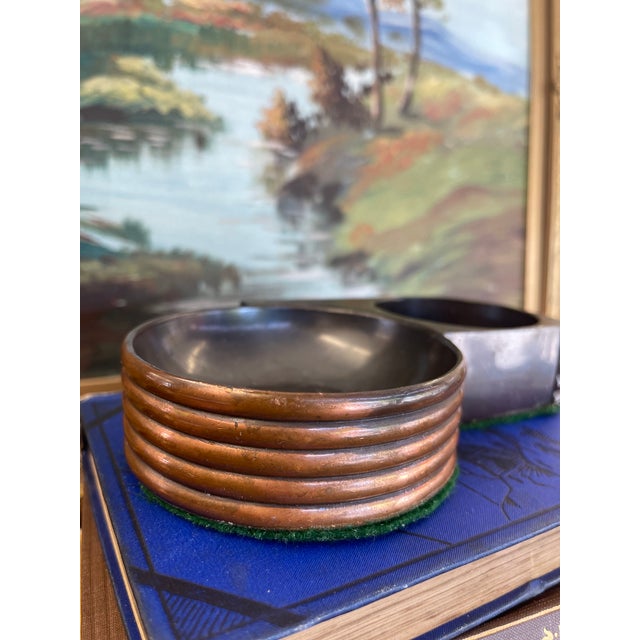 Copper 1930s Style Art Deco Machine Age Copper Toned and Possibly Bakelite Double Ashtray With Streamlined Ribbed Design For Sale - Image 8 of 8