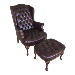 State of Hickory n.c. Chippendale Style Wing Back Leather Chair and Ottoman For Sale