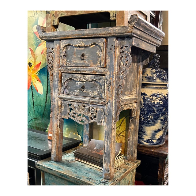 Distressed Pale Blue Grey 2 Drawers Carved Motif End Table Nightstand For Sale In San Francisco - Image 6 of 6