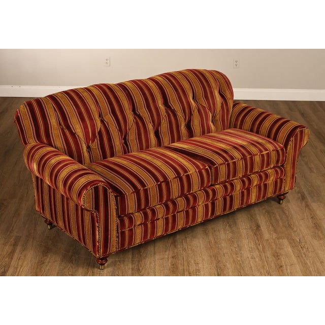 High Quality American Made Upholstered Sofa With Rolled Arms, Tufted Back, And Loose Seat Cushions, Raised On Turned Wood...