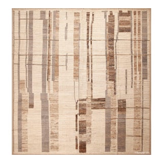 Tribal Geometric Light Cream Earthy Grey Square Shape Modern Room Size Rug For Sale