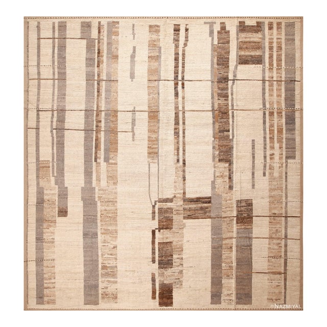 Tribal Geometric Light Cream Earthy Grey Square Shape Modern Room Size Rug For Sale