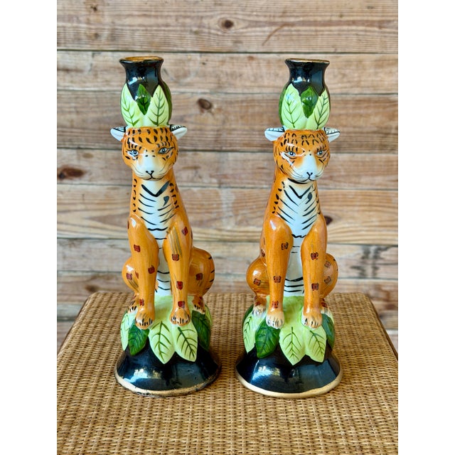 Ceramic Vintage Regency Leopard Figural Ceramic Candlestick Holders Manner of Lynn Chase-Pair For Sale - Image 7 of 12