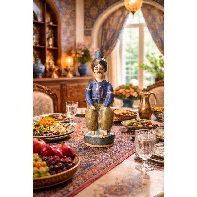 Persian Qajar Dynasty Polychrome Fritware Figural Flask, Mid–Late 19th Century A rare and captivating Qajar Dynasty...