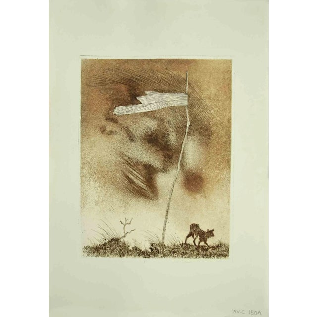 The Flag is an original etching realized by Leo Guida in the 1970s. Good condition. The artwork is depicted through strong...