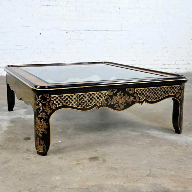 1980's Drexel Heritage Coffee Table Et Cetera Collection Chinoiserie Black & Gold Painted & Burl With Glass Insert For Sale - Image 14 of 14