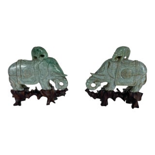 Pair of Chinese Carved Jade Elephant Sculptures on Custom Hardwood Stands For Sale