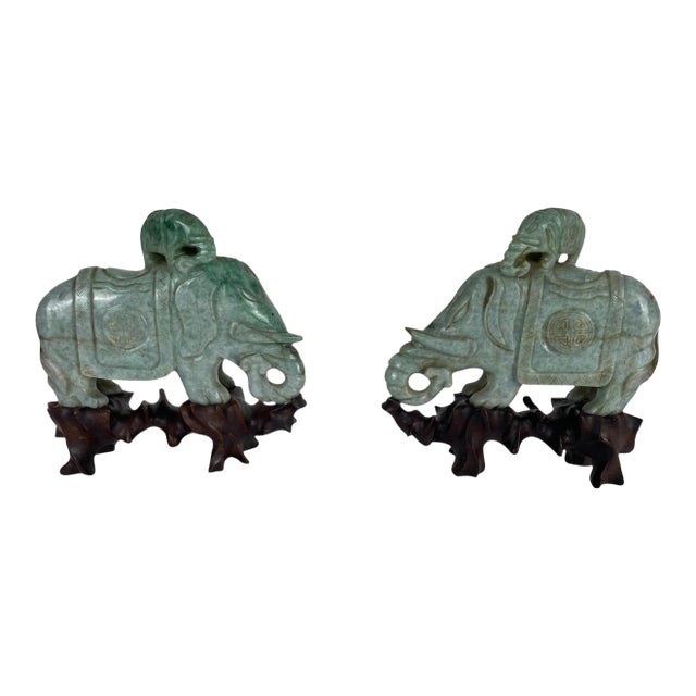 Pair of Chinese Carved Jade Elephant Sculptures on Custom Hardwood Stands For Sale