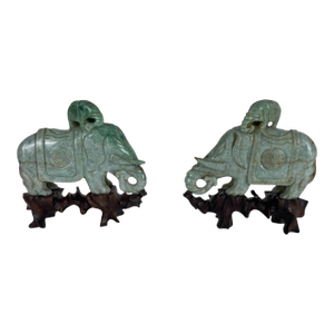 Pair of Chinese Carved Jade Elephant Sculptures on Custom Hardwood Stands