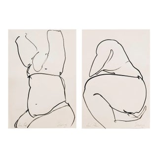 Contemporary Minimalist Ink Drawing on Vintage Paper - Set of 2 For Sale