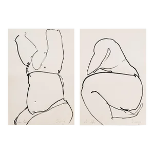 Contemporary Minimalist Ink Drawing on Vintage Paper - Set of 2