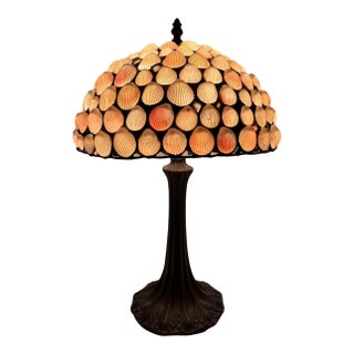 Vintage Richard Hoosin Style Leaded Seashell Table Lamp With Art Nouveau Bronze-Finish Base - Signed For Sale
