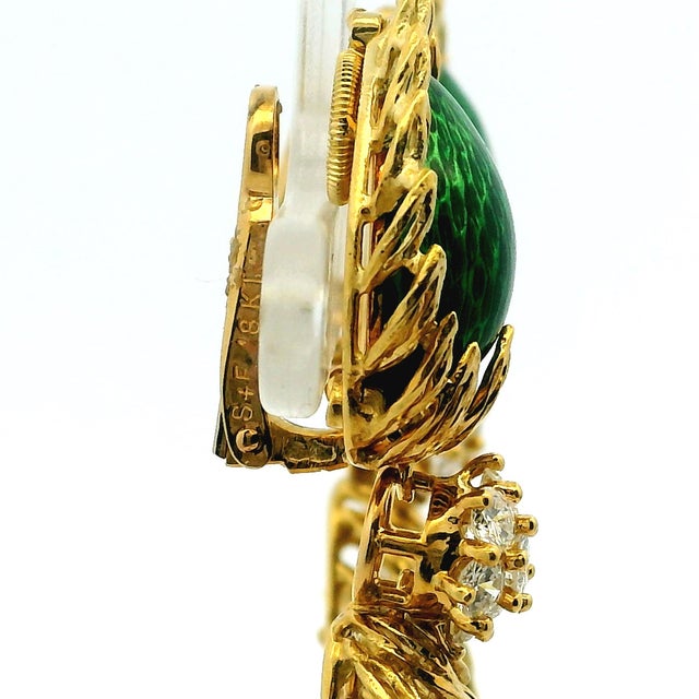 Gold 1970s Spritzer & Fuhrmann French Guilloché Enamel Diamond Earrings, Pair For Sale - Image 8 of 14
