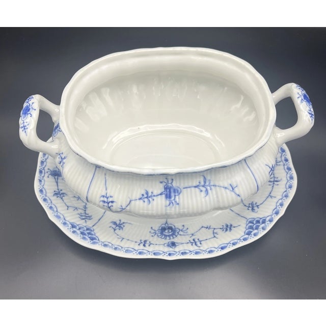 Royal Blue Vintage Mid-Century Modern Royal Copenhagen Blue Fjord Blue Fluted Oval Serving Bowl W Underplate For Sale - Image 8 of 9