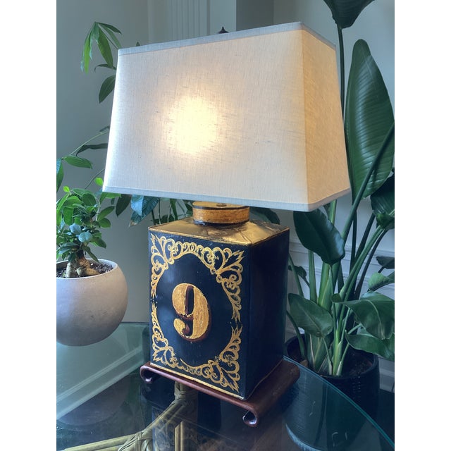 Vintage Folk Art “No. 9” Tole-Style Black & Gilt Table Lamp For Sale In Atlanta - Image 6 of 6