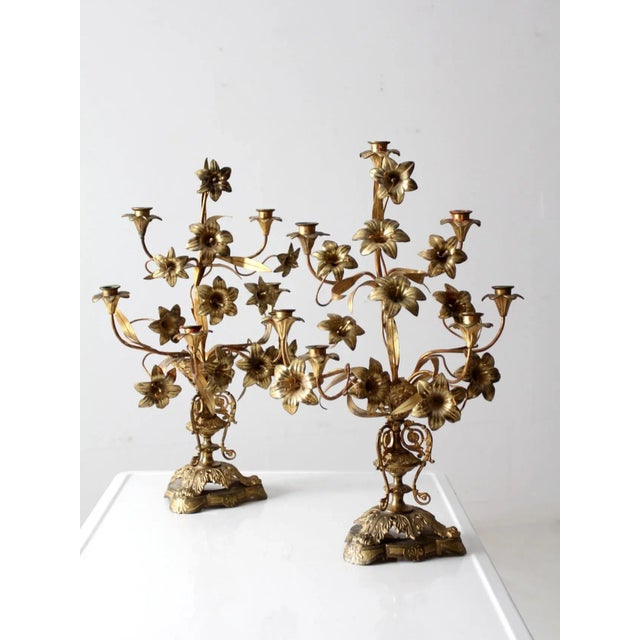 Antique Brass Candelabras Pair For Sale - Image 9 of 13
