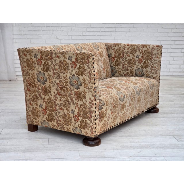 Danish Oak 2-Seater Sofa in Beige & Brown Furniture Fabric, 1950s For Sale - Image 9 of 17