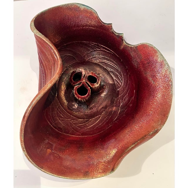 1990s Signed Raku Ceramic Flower Arrangement Bowl With Frog-Style Center For Sale - Image 5 of 11