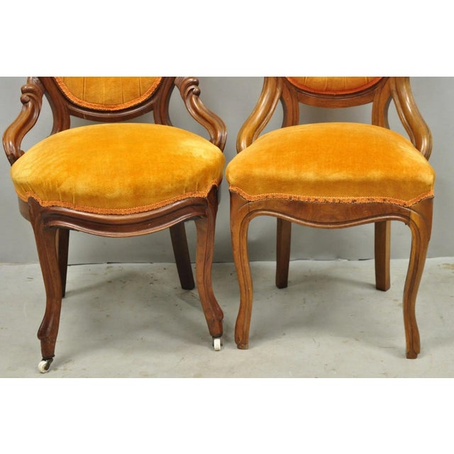 Orange Antique Eastlake Victorian Carved Walnut Orange Parlor Side Chairs - A Pair For Sale - Image 8 of 13