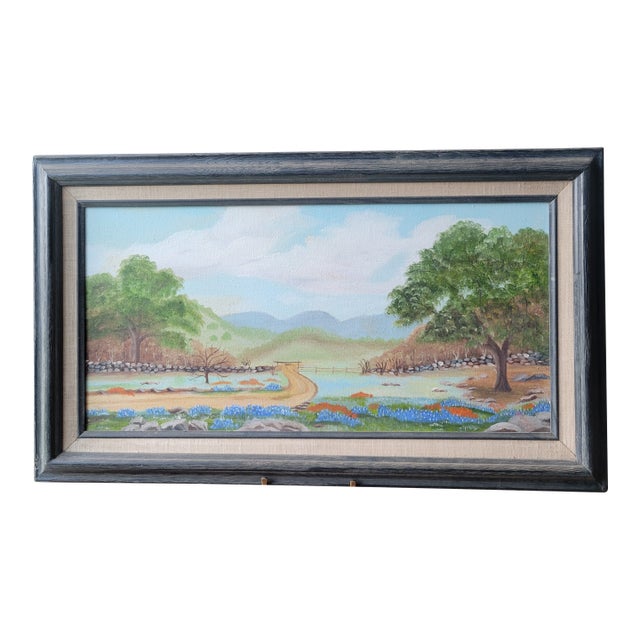 1980s Tx Bluebonnets Landscape Oil Painting Signed 29x17" Frame Linen Matt 24 X 12 Art For Sale