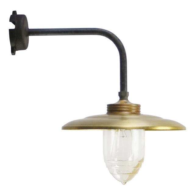 Vintage Industrial Brass and Clear Reeded Glass Wall Scone For Sale