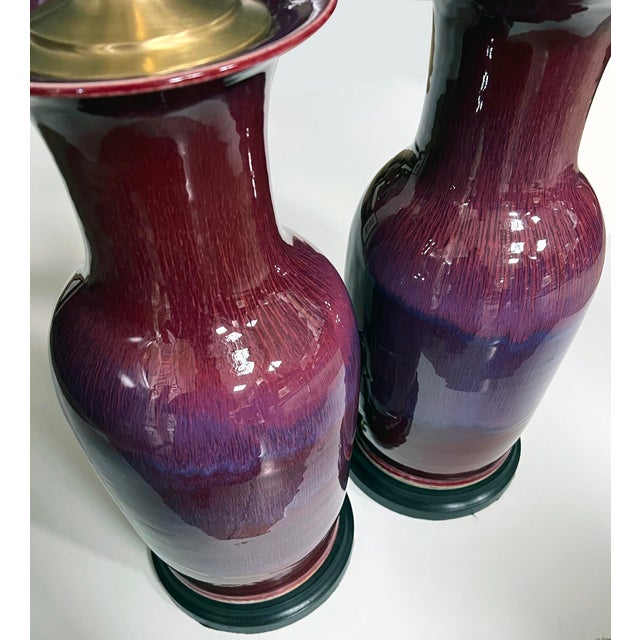 Burgundy Imposing Pair of Chinese Oxblood Glazed Porcelain Lamps For Sale - Image 8 of 9
