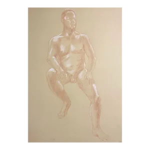 1990s Ron Yrabedra Seated Male Nude Drawing