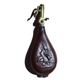 Civil War Era Leather Tooled and Brass Powder Horn / Flask For Sale