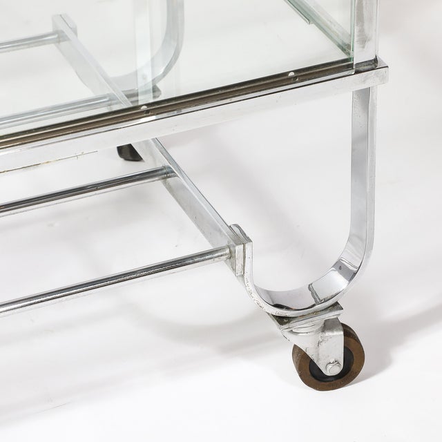 Metal Art Deco Polished Nickel Two-Tier Serving Cart W/ Glass Doors by Treitel & Gratz For Sale - Image 7 of 13