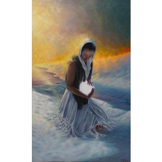 Invocation by Christopher Remmers | Oil on linen of a woman kneeling with a glowing orb in her hands For Sale