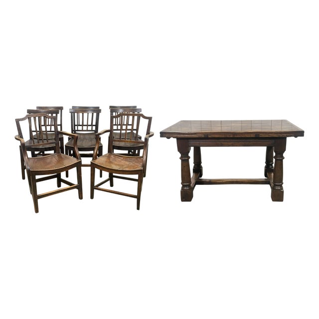 Antique Table in Elm and Oak with Extensions and Chairs, Set of 9 For Sale