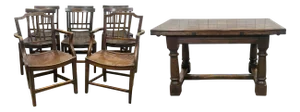 Antique Table in Elm and Oak with Extensions and Chairs, Set of 9