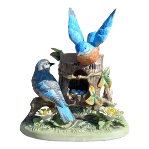 1960s Gorham "Gallery Birds" Eastern Bluebird Family Hand Painted Bisque Figurine