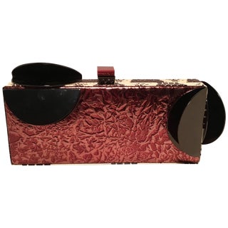 Tonya Hawkes Copper Leather Cow Print Faux Snakeskin Metal Abstract Clutch For Sale