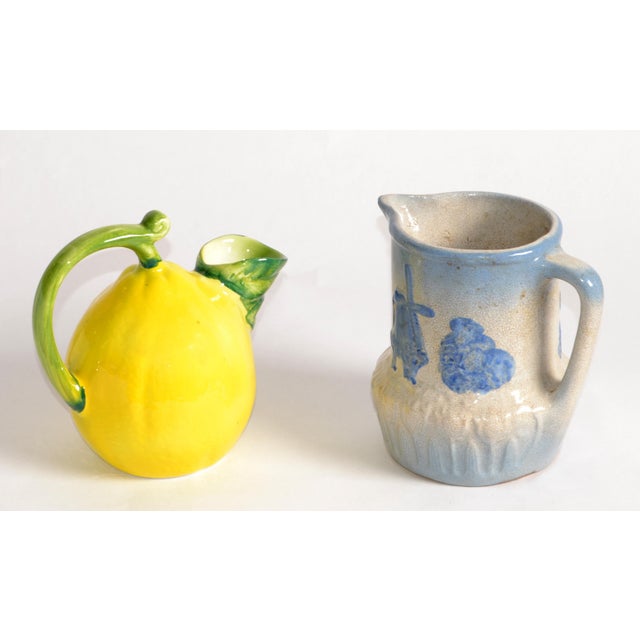 Traditional Early 20th Century Dutch Windmill Tulip Motiv Blue Beige Stoneware Pitcher For Sale - Image 3 of 14