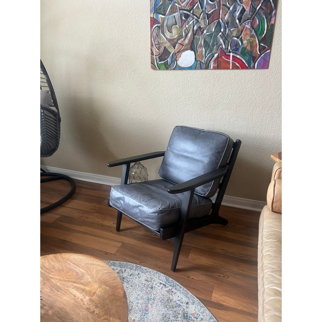 Mid-Century Modern Pottery Barn Raylan Leather Arm Chair MCM For Sale - Image 3 of 14
