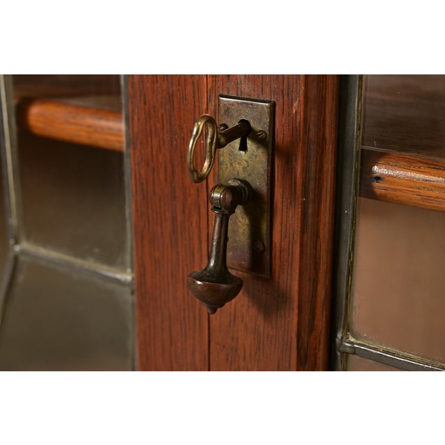 Stickley Brothers Style Antique Arts & Crafts Carved Oak Bookcase Cabinet With Leaded Glass Doors, Circa 1900 For Sale In South Bend - Image 6 of 14