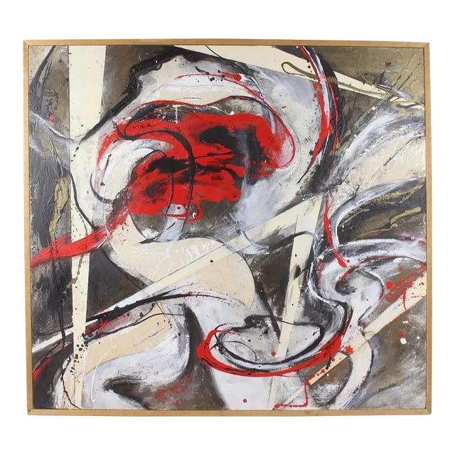 Midcentury Modern Abstract Painting, Titled Figures in Red, Framed, by Rosemarie Cherundolo, 1970s For Sale
