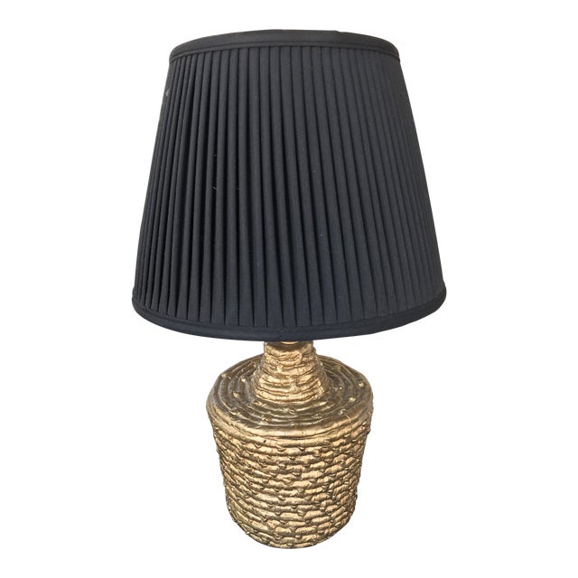 1960s Gold Painted Raffia Table Lamp With Black Shade For Sale