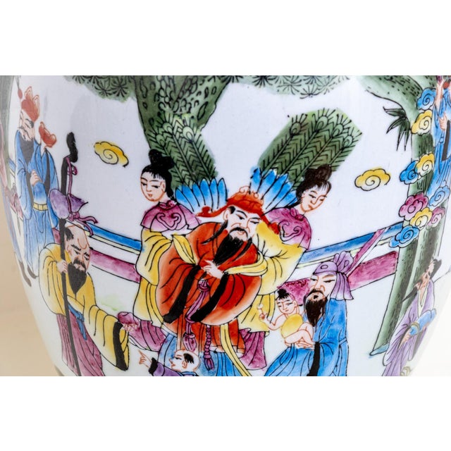 Ceramic Chinese Famille Rose Porcelain Ovoid Vase Table Lamp | Celestial Court Figures | Carved Jade Finial | Mid-20th Century For Sale - Image 7 of 10