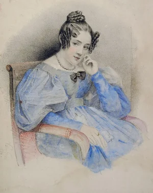 Regency Era Hand Painted Young Women Lithograph Print